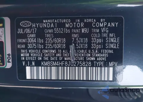2018 Hyundai Santa Fe Se z USA, uszkodzony, nr VIN KM8SM4HF8JU275828